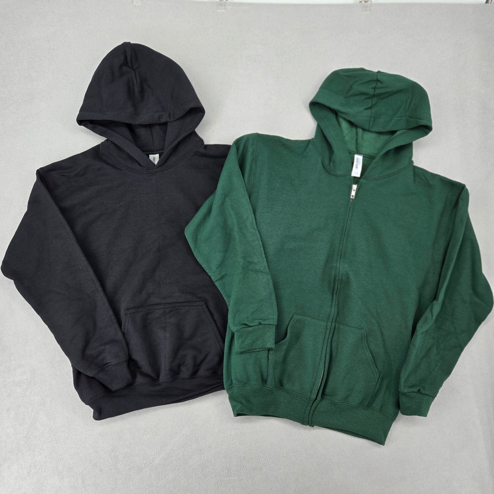 Gildan & Jerzees NWOT Large Youth Hoodies Black Pullover & Green Zip Up Bundle